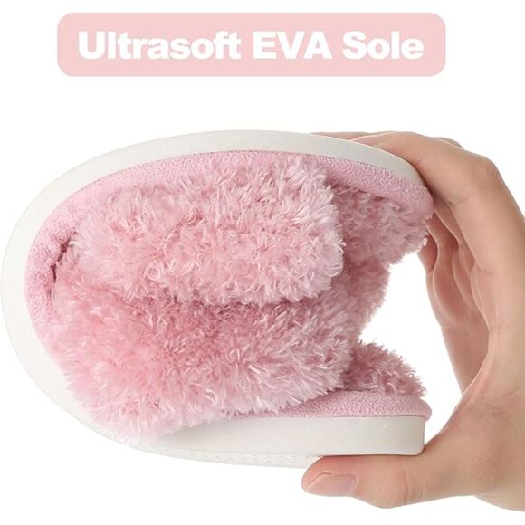 Women's Fuzzy Slippers Cross Band Velvet Pink Memory Foam House Slippers - Picture 5 of 6